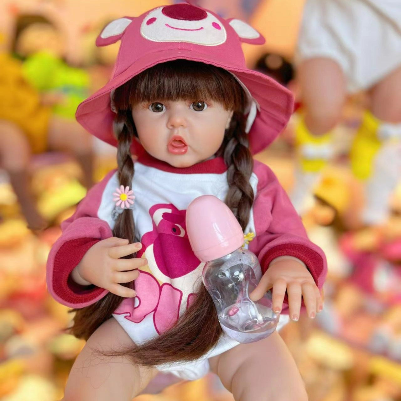 55cm/60cm Long Hair Reborn Baby Girl In Pink Bear Clothes