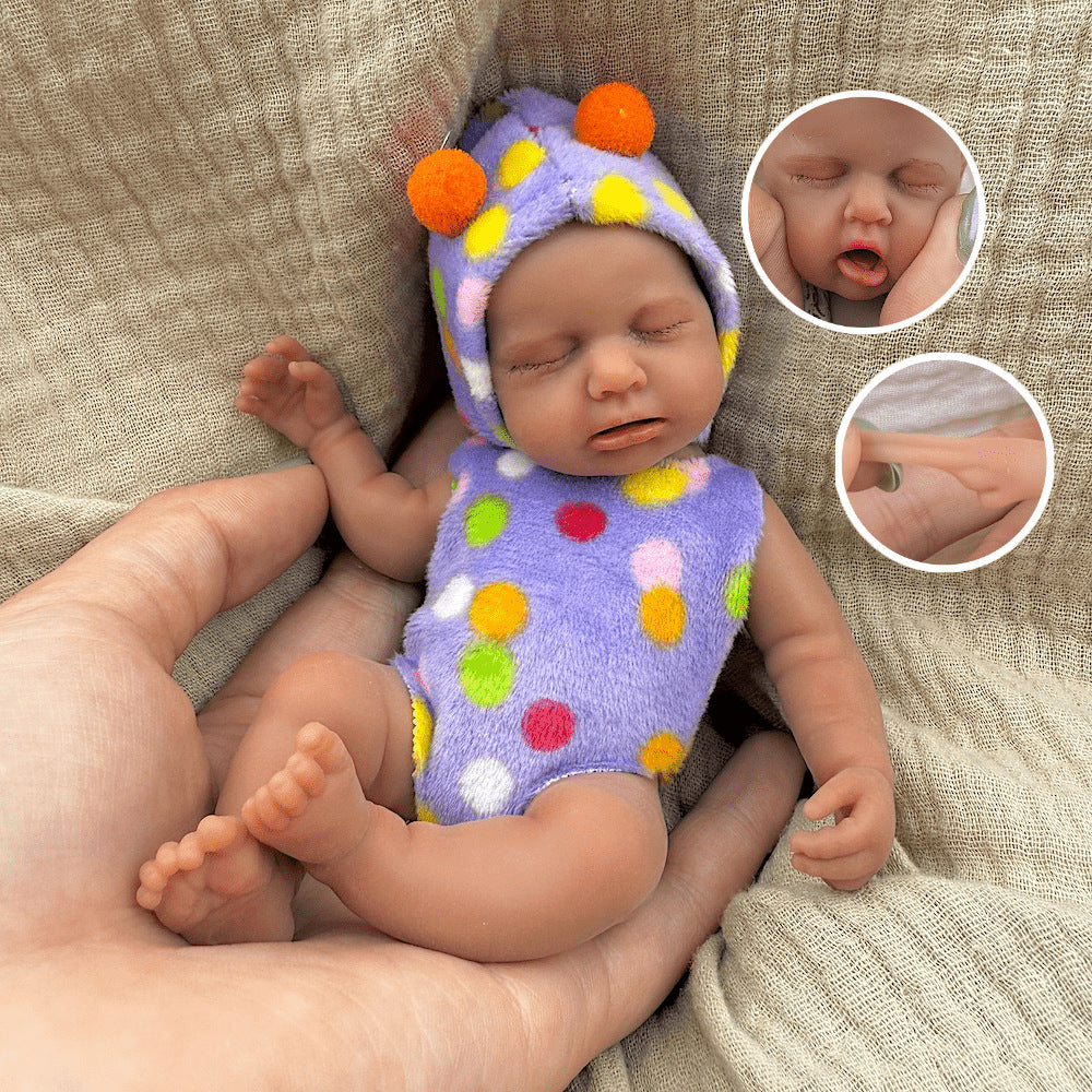 15cm Silicone Dark Skin Loulou Mini Reborn Doll in Polk Dot Outfits