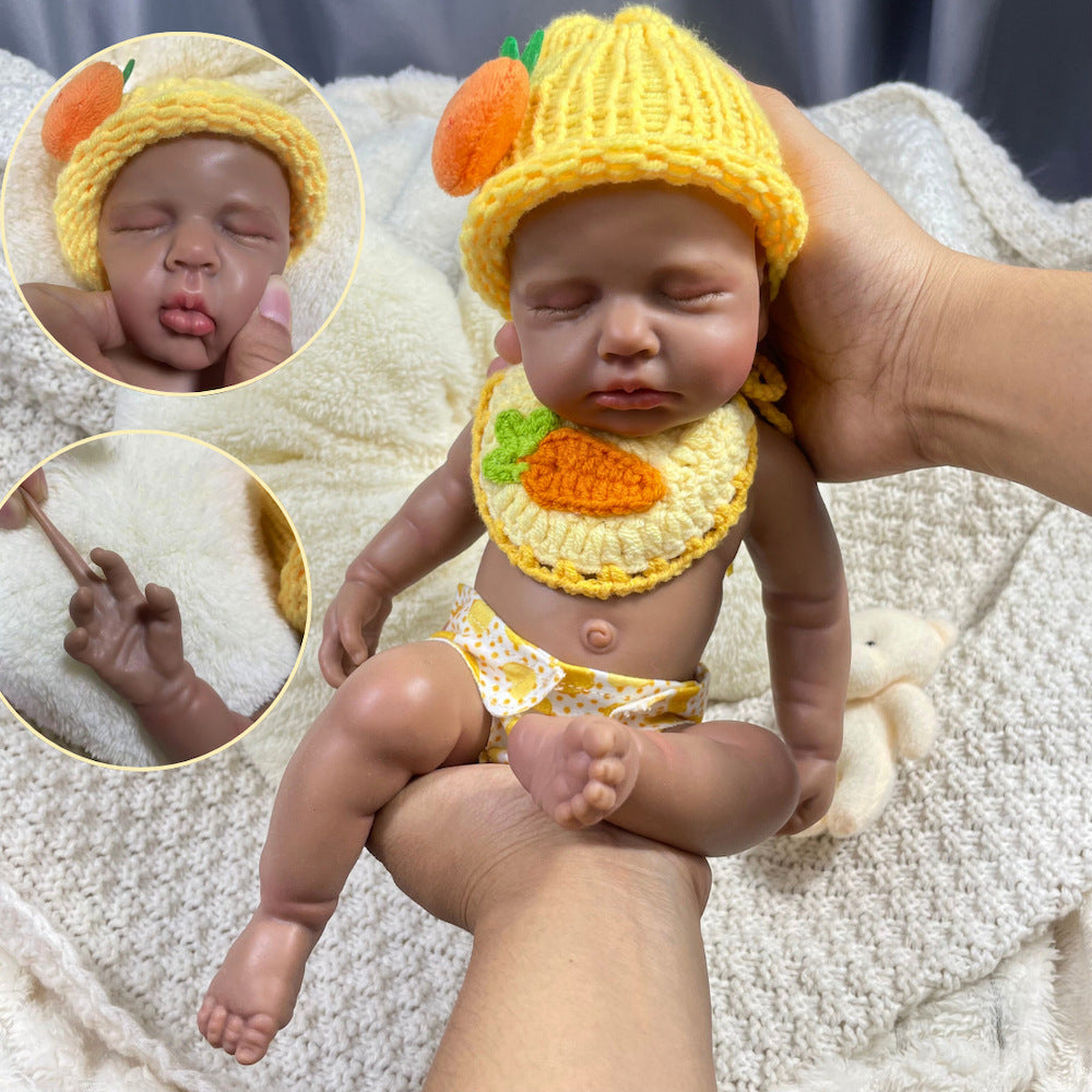 30cm Lifelike Silicone Asleep Loulou Dark Skin Reborn Doll In Yellow Outfits