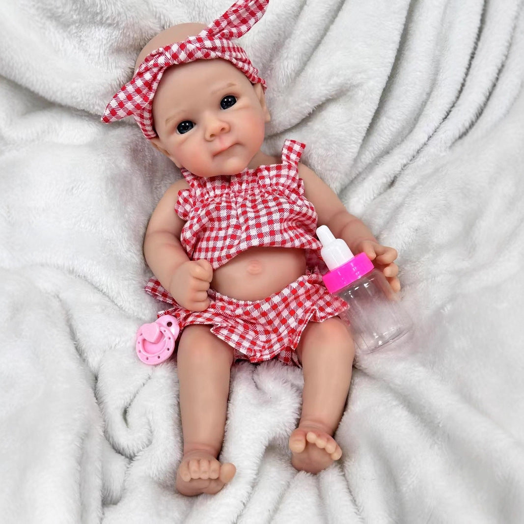 30cm Soft Full Silicone Blue Eyes Reborn Doll Girl In Red plaid clothes- Bettie
