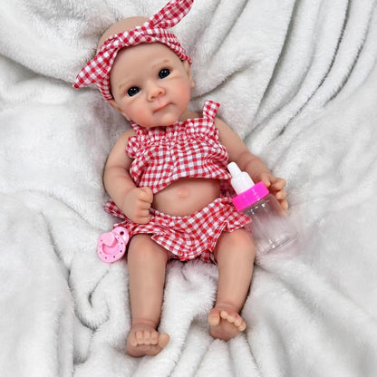 30cm Soft Full Silicone Blue Eyes Reborn Doll Girl In Red plaid clothes- Bettie