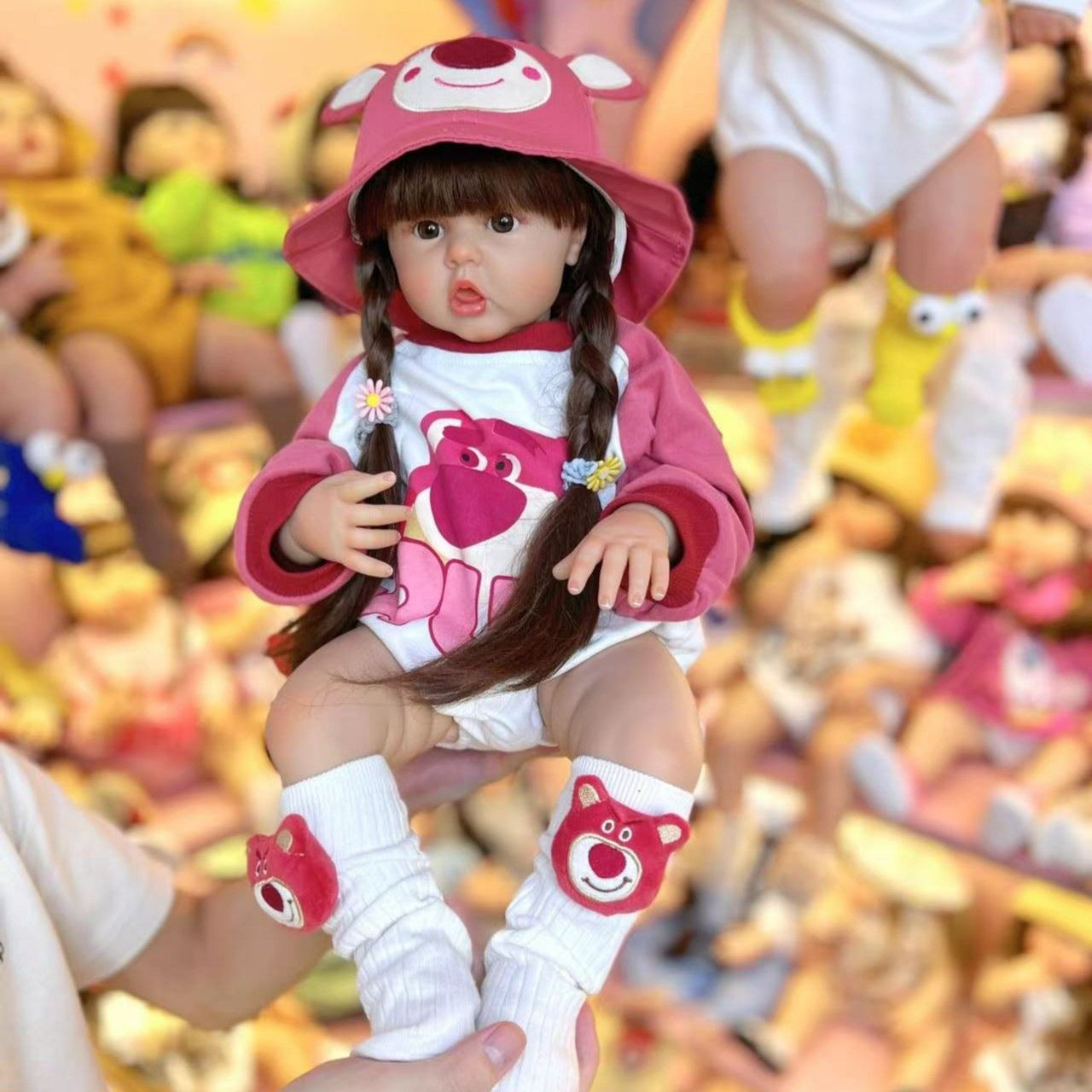 55cm/60cm Long Hair Reborn Baby Girl In Pink Bear Clothes