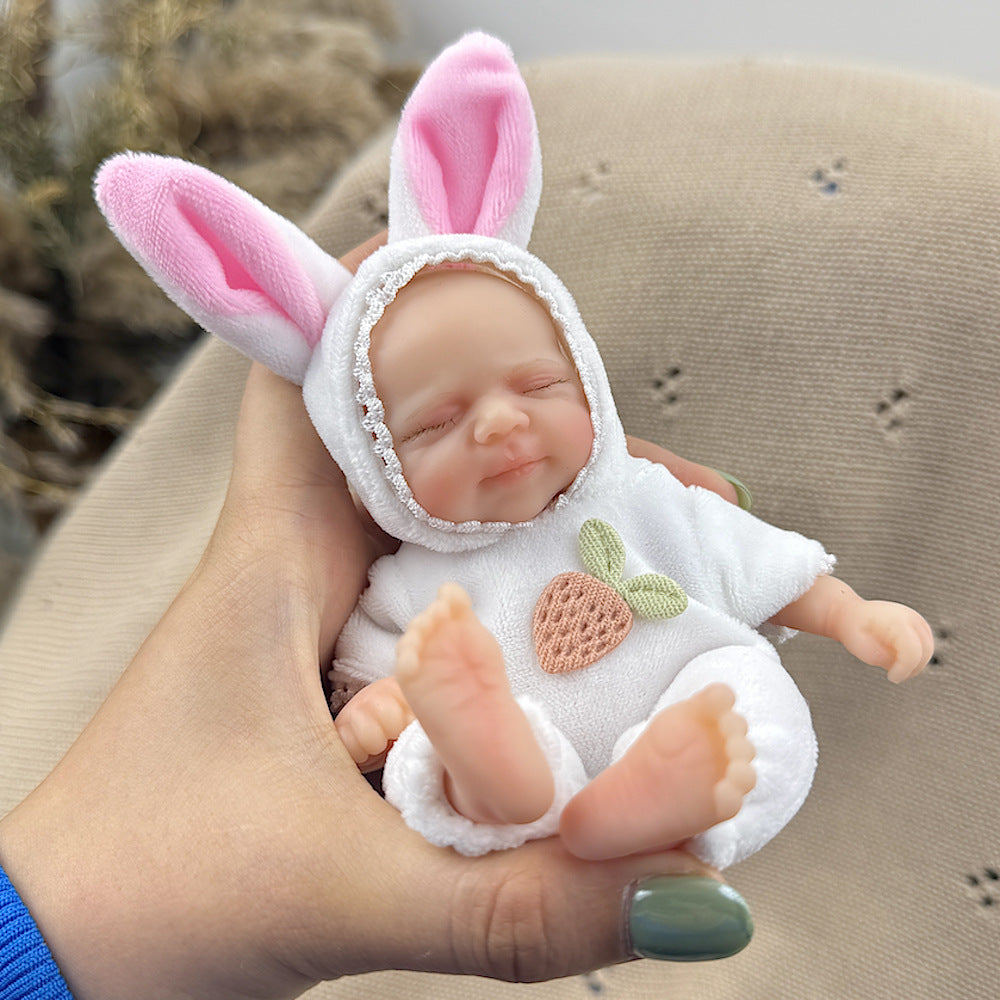 15cm Silicone Closed Eyes Pascale Mini Reborn Doll in White Rabbit Outfits