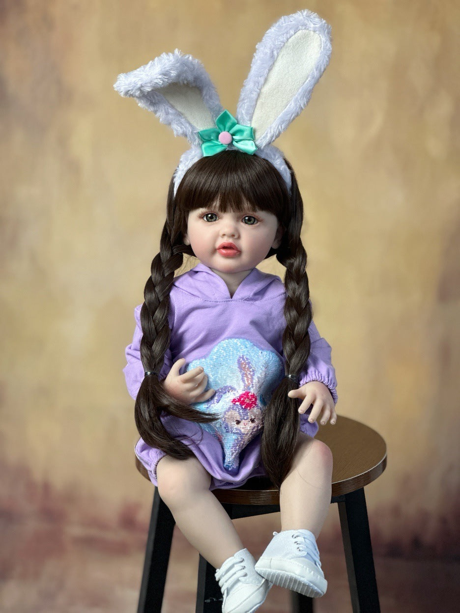 55cm Open Eyes Long Hair Reborn Baby Girl In Purple Clothes and bunny ear headband-Betty