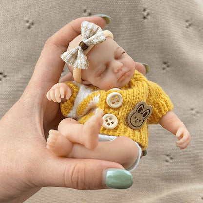 15cm Silicone Closed Eyes loulou Mini Reborn Doll in Yellow Stripes Sweater