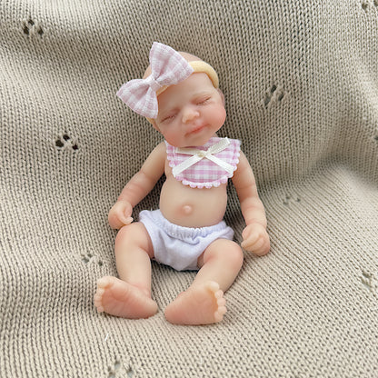 15cm Silicone Closed Eyes Pascale Mini Reborn Doll in Pink Plaid Bib