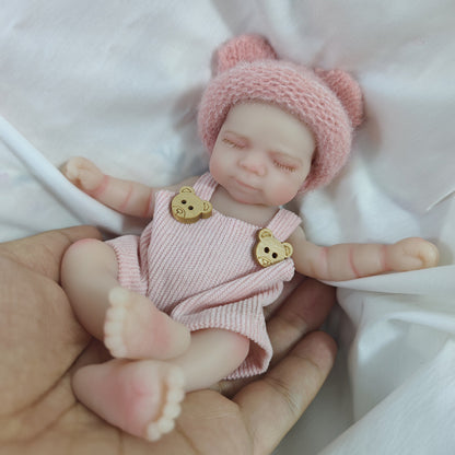 6 Inch Closed Eyes Silicone Mini Reborn Doll Girl Pascale In Bear Overalls