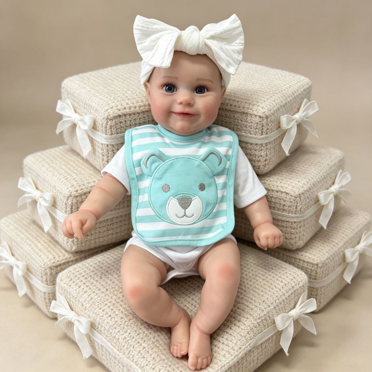 50cm Lifelike Open Eyes Smile Maddie Reborn Baby Girl With Blue Stripes Bib