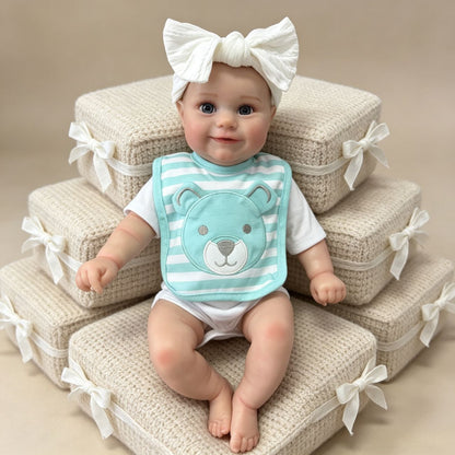 50cm Lifelike Open Eyes Smile Maddie Reborn Baby Girl With Blue Stripes Bib