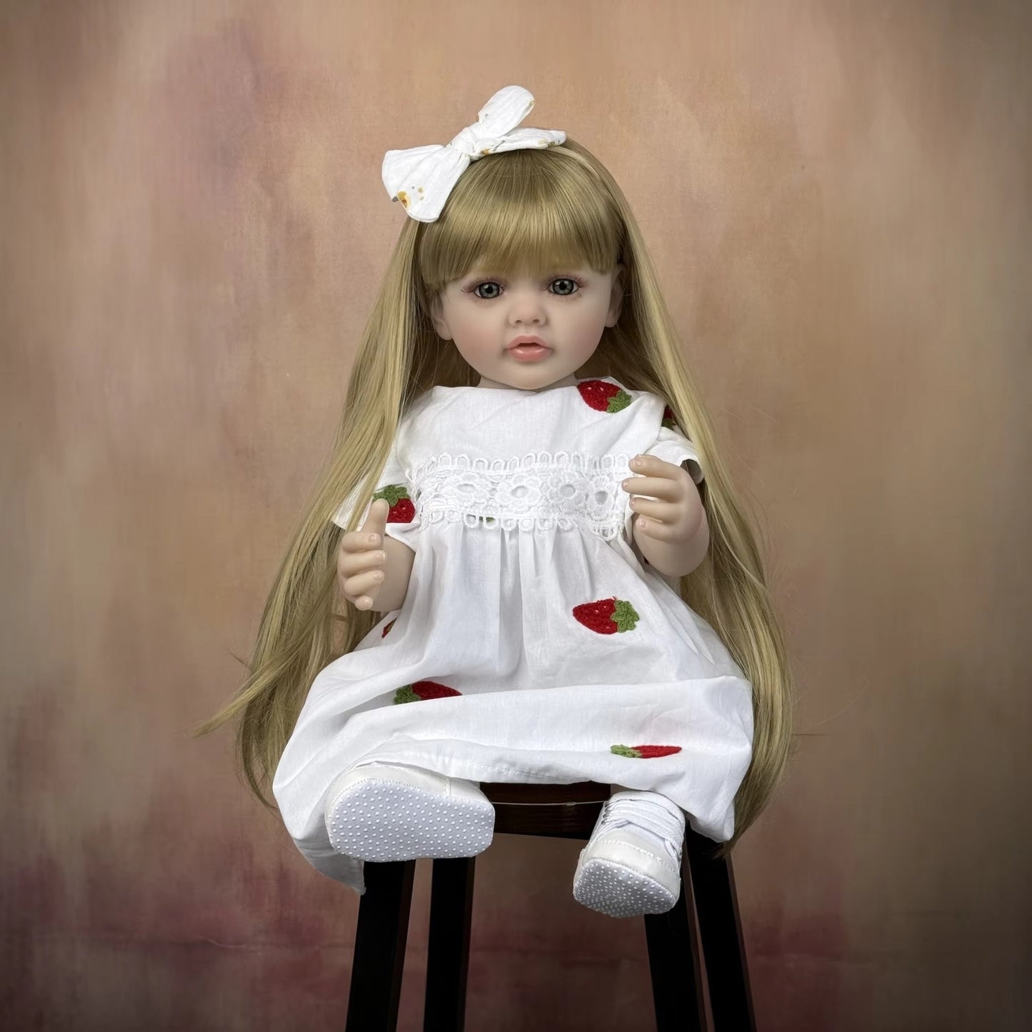 55cm Open Eyes Long Blonde Hair Betty Reborn Baby Girl In White Dress