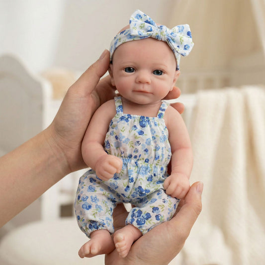 30cm Full Silicone Felicia Reborn Baby Girl in Blue floral Jumpsuit