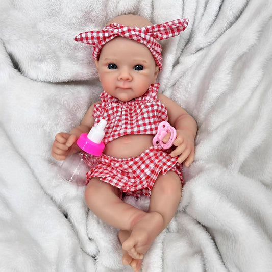 30cm Soft Full Silicone Blue Eyes Reborn Doll Girl In Red plaid clothes- Bettie