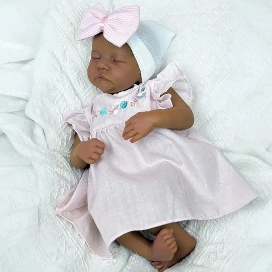 48cm Closed Eyes Dark Skin Soft Body Reborn Baby Levi in Pink Dress