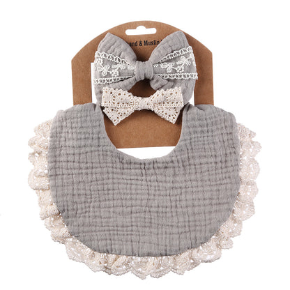 Lace cotton solid color Bib & Headband 3-Piece Set