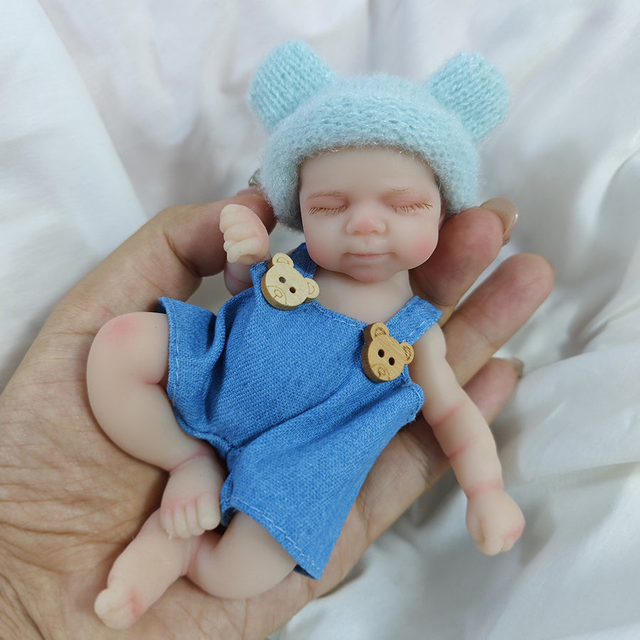 6 Inch Closed Eyes Silicone Mini Reborn Doll Girl Pascale In Bear Overalls
