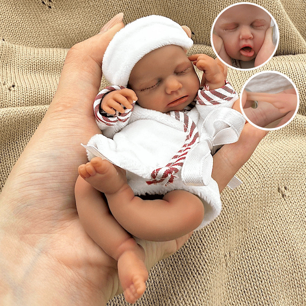 15cm Silicone Dark Skin Loulou Mini Reborn Doll in White Bathrobe
