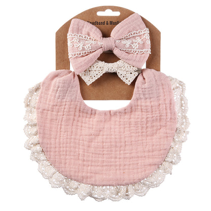 Lace cotton solid color Bib & Headband 3-Piece Set