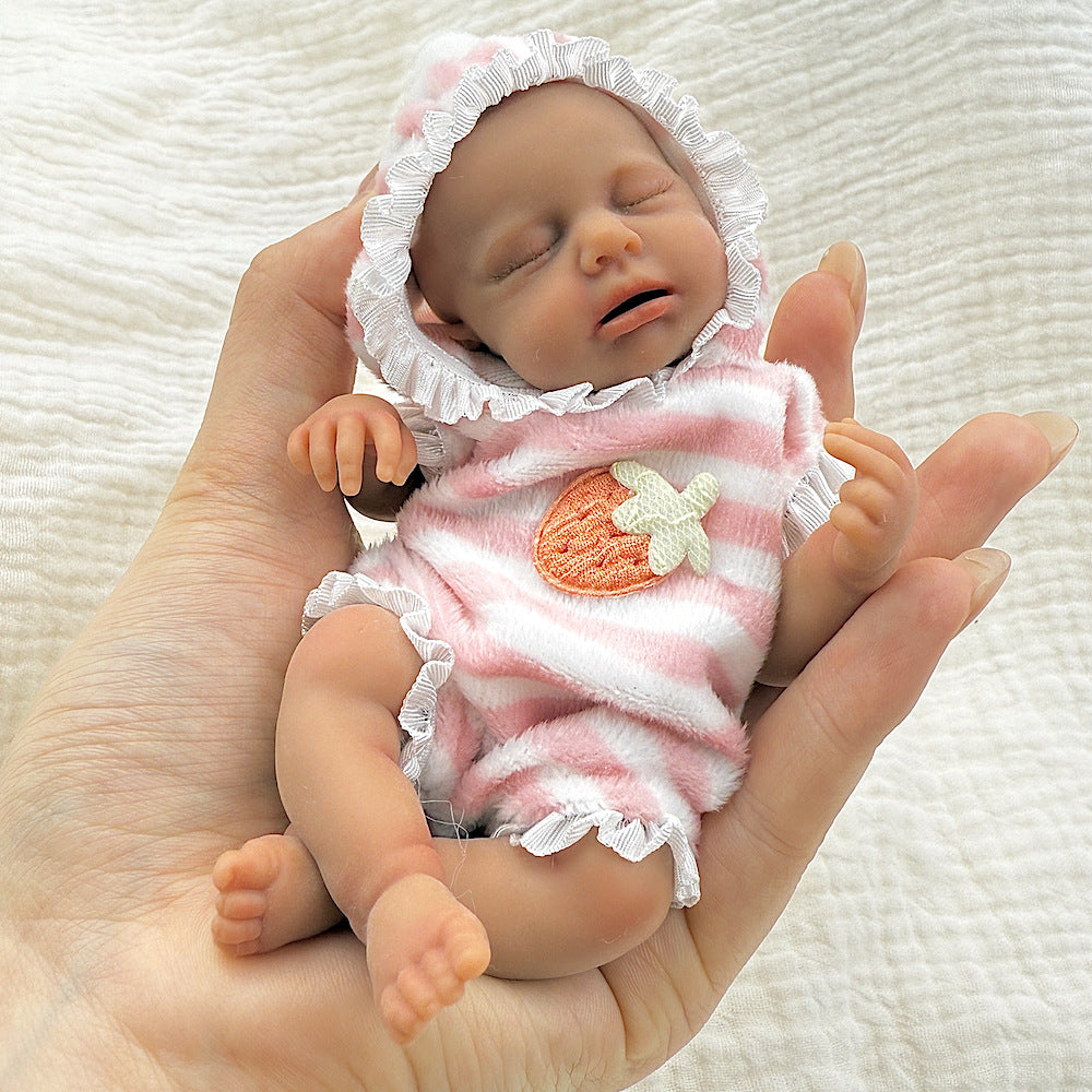 15cm Silicone Dark Skin Loulou Mini Reborn Doll in Pink Stripe Outfits