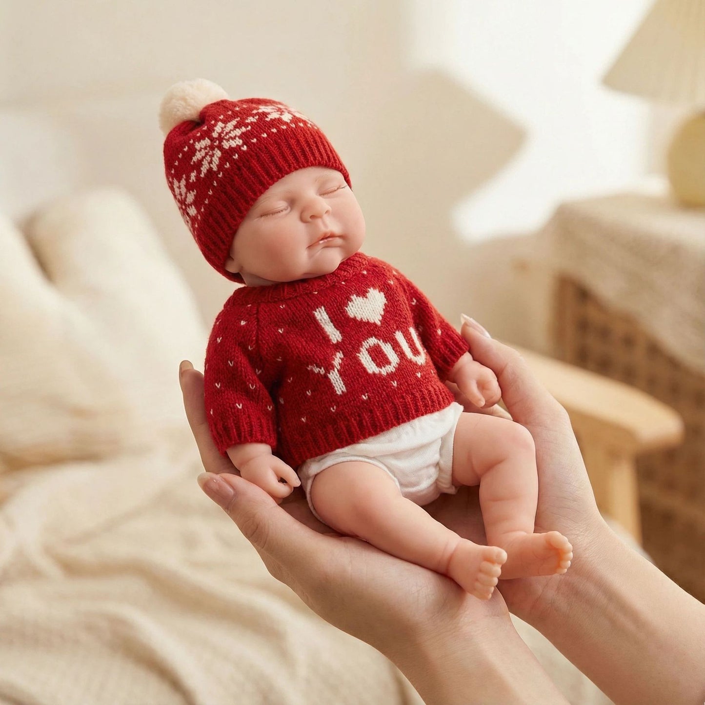 30cm Full Silicone Asleep Reborn Doll Girl Peaches in Red Sweater