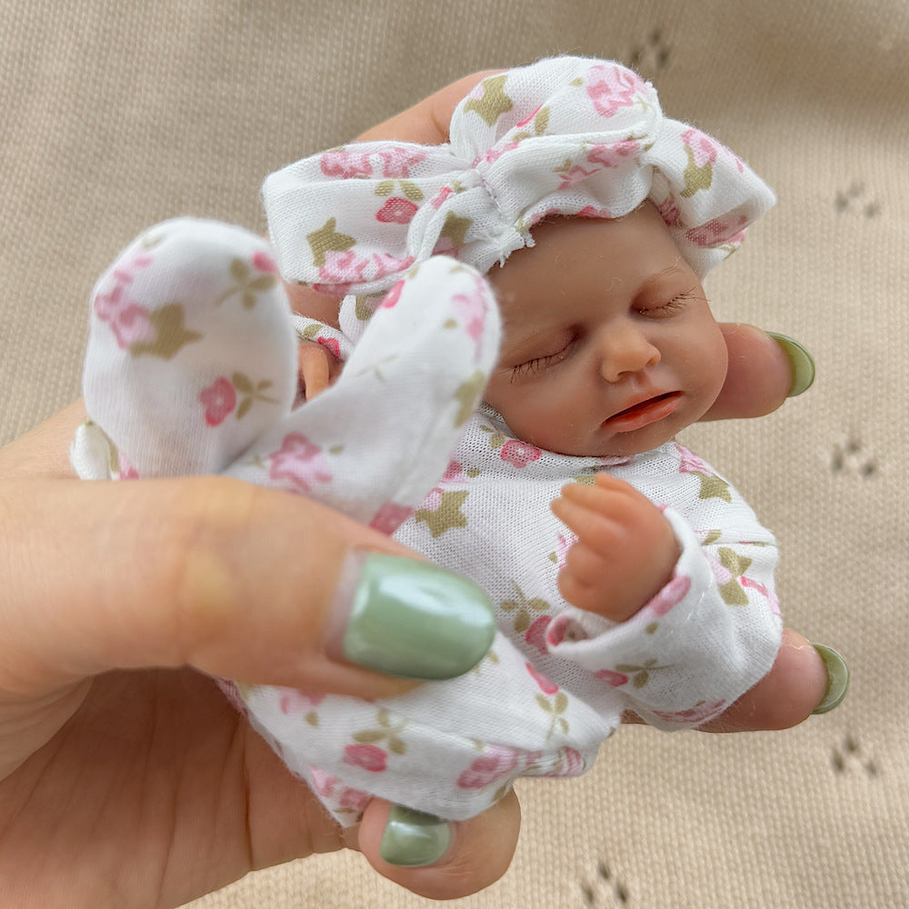 15cm Silicone Dark Skin Loulou Mini Reborn Doll in White Floral Outfits