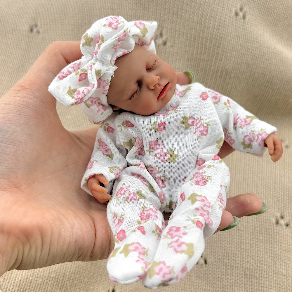 15cm Silicone Dark Skin Loulou Mini Reborn Doll in White Floral Outfits