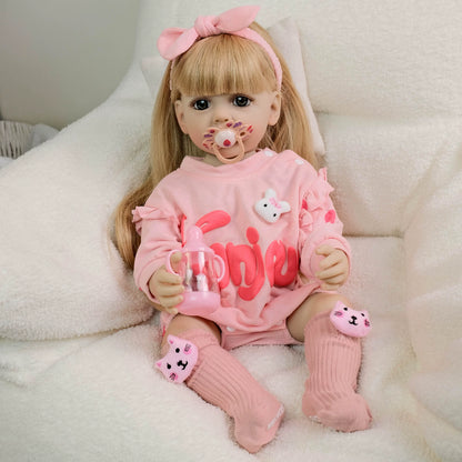 22 Inches Open Eyes Long Blonde Hair Reborn Girl in Pink Bodysuit-Betty