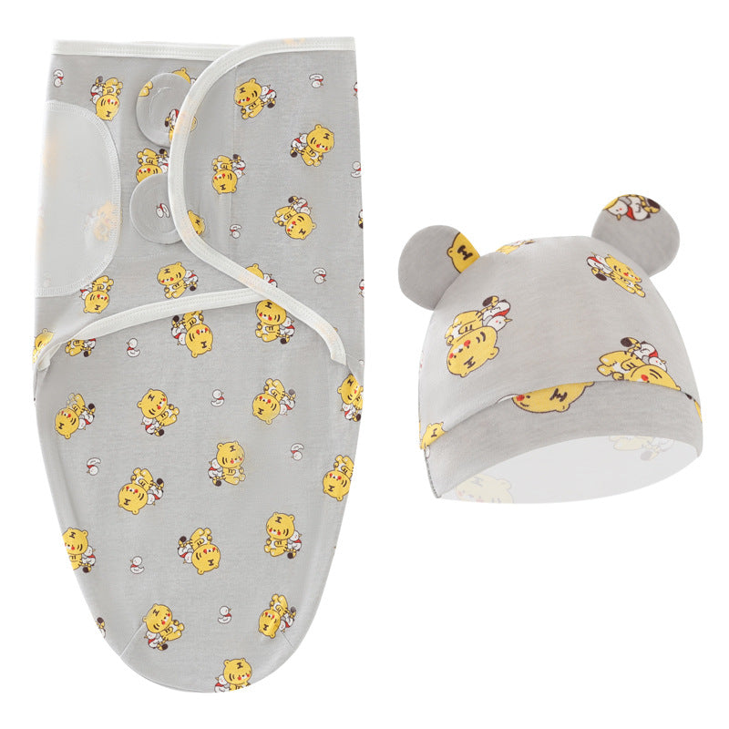 Cartoon Newborn Swaddle Sleeping Bag Fetal Cap 2 Piece Set