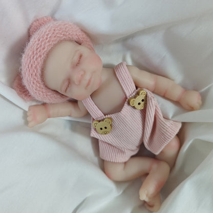 6 Inch Closed Eyes Silicone Mini Reborn Doll Girl Pascale In Bear Overalls