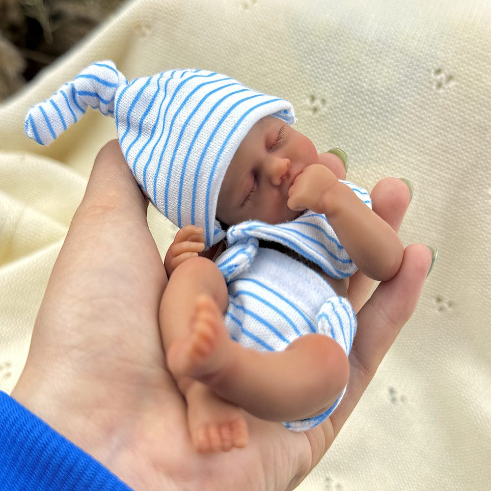 15cm Silicone Dark Skin Loulou Mini Reborn Doll in Blue Stripe Outfits