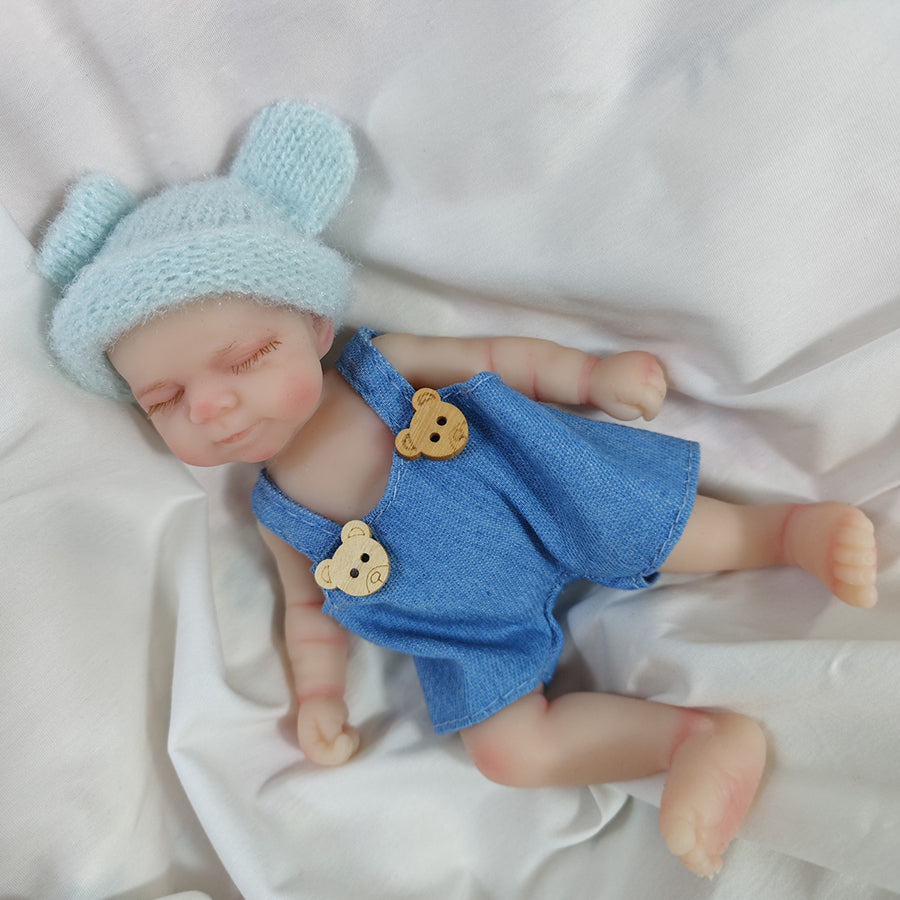 6 Inch Closed Eyes Silicone Mini Reborn Doll Girl Pascale In Bear Overalls