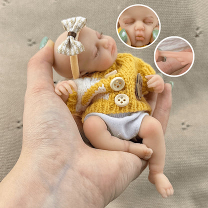 15cm Silicone Closed Eyes loulou Mini Reborn Doll in Yellow Stripes Sweater