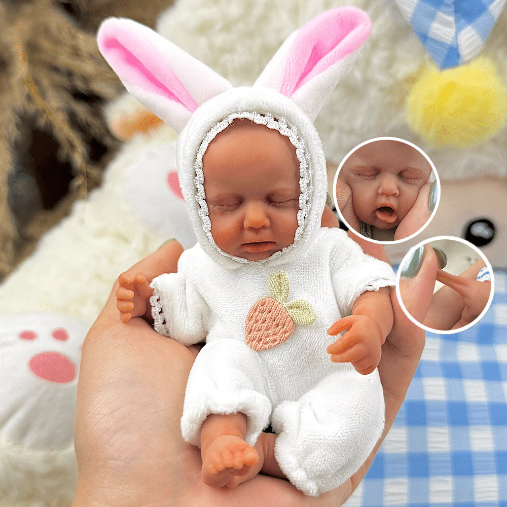 15cm Silicone Dark Skin Loulou Mini Reborn Doll in White Rabbit Outfits