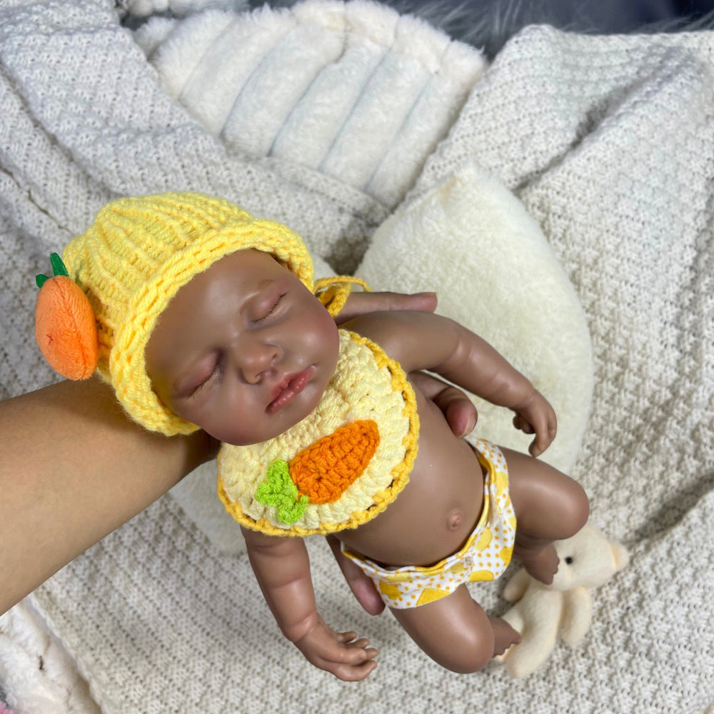 30cm Lifelike Silicone Asleep Loulou Dark Skin Reborn Doll In Yellow Outfits
