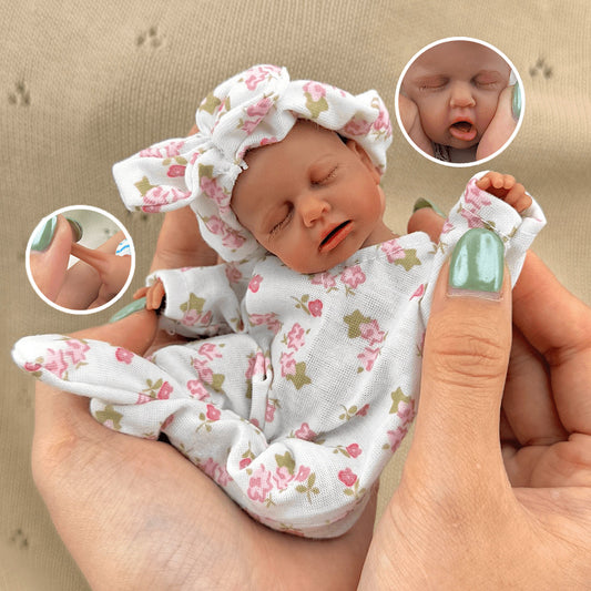 15cm Silicone Dark Skin Loulou Mini Reborn Doll in White Floral Outfits