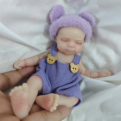 6 Inch Closed Eyes Silicone Mini Reborn Doll Girl Pascale In Bear Overalls