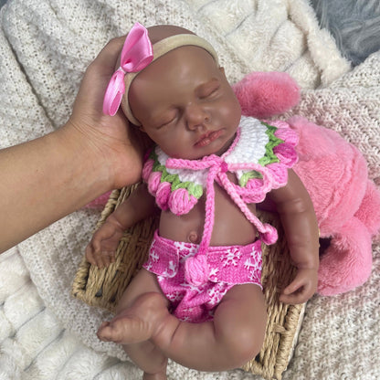 30cm Lifelike Silicone Asleep Loulou Dark Skin Reborn Doll Girl In Pink Outfits