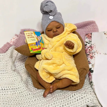 19 Inches Realistic Closed Eyes Dark Skin Reborn Doll Peaches in Yellow Bathrobe