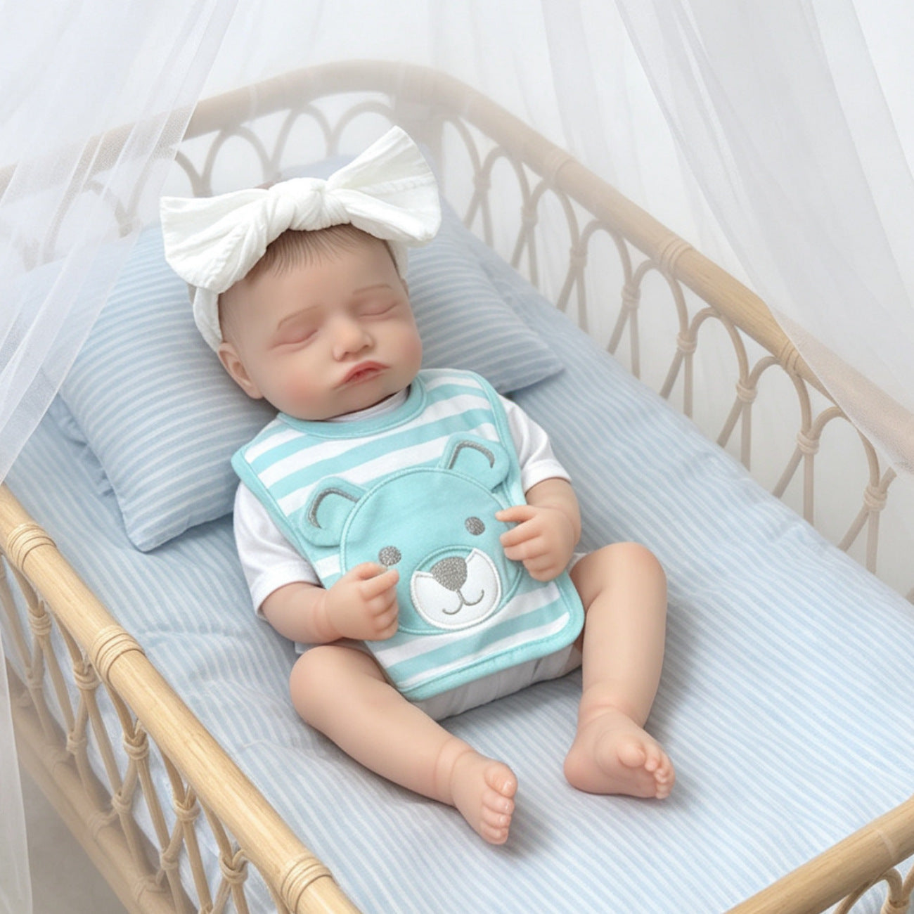 20 Inches Lifelike Closed Eyes Rosalie Reborn Doll Girl With Blue Stripes Bib