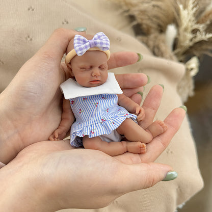 15cm Silicone Dark Skin Loulou Mini Reborn Doll in Blue Stripe Dress
