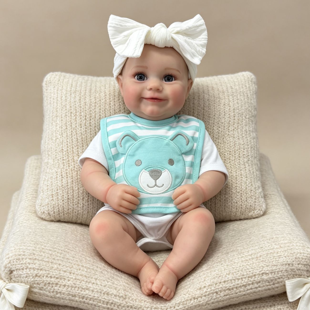 50cm Lifelike Open Eyes Smile Maddie Reborn Baby Girl With Blue Stripes Bib