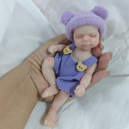 6 Inch Closed Eyes Silicone Mini Reborn Doll Girl Pascale In Bear Overalls