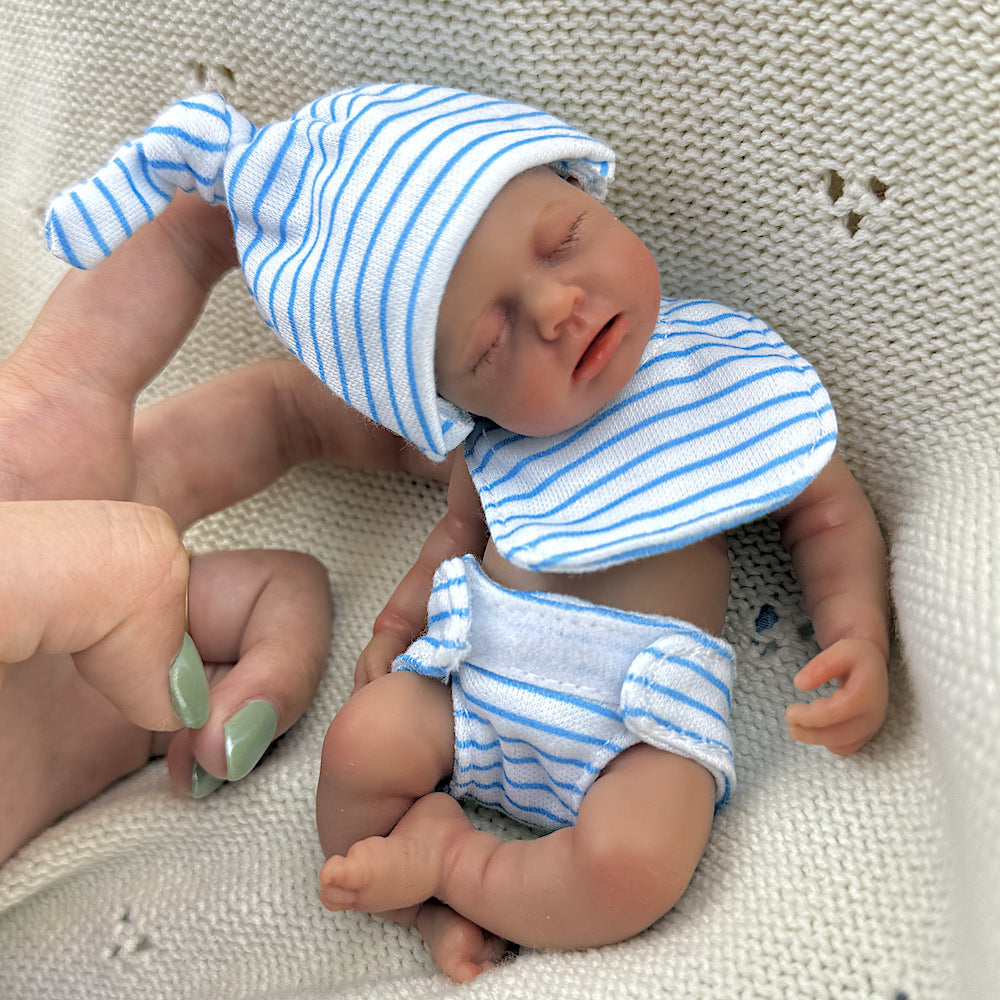 15cm Silicone Dark Skin Loulou Mini Reborn Doll in Blue Stripe Outfits