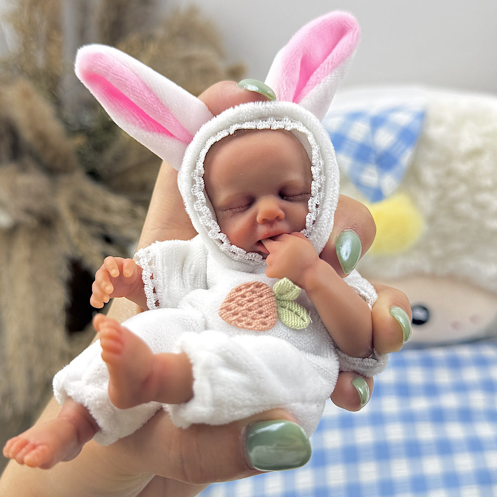 15cm Silicone Dark Skin Loulou Mini Reborn Doll in White Rabbit Outfits
