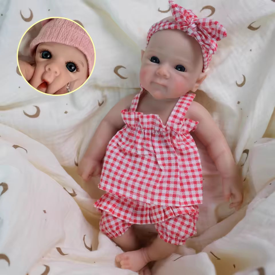 30cm Soft Full Silicone Blue Eyes Reborn Doll Girl In Red plaid clothes- Bettie