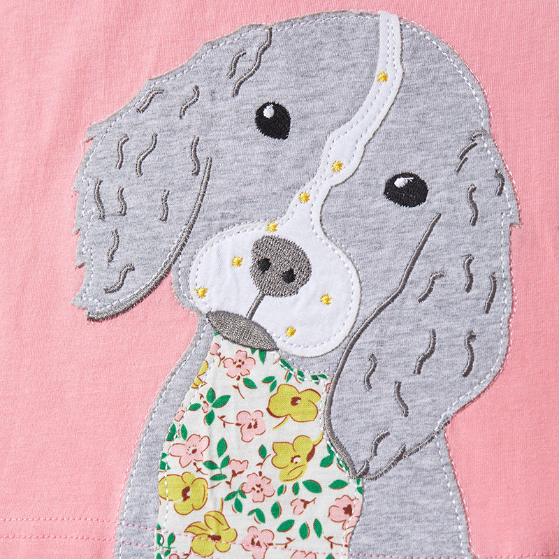 Cartoon Puppy Cotton Round Neck Short Sleeve T-shirt for Girls