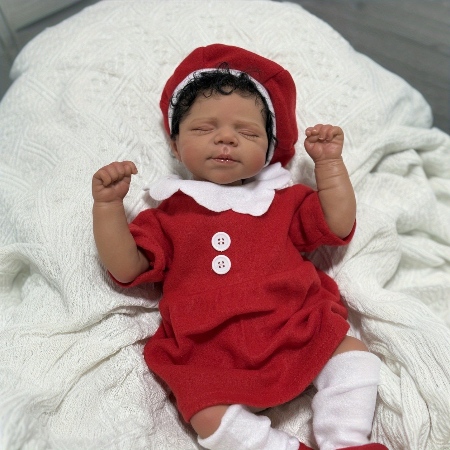 19 Inches Lifelike Closed Eyes Dark Skin Reborn Doll In Christmas Clothes-Pascale