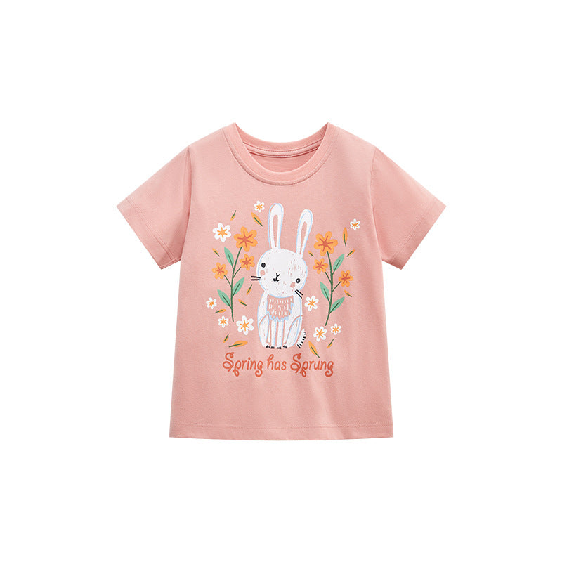 Girls' Short Sleeve T-Shirt with Round Neck and Cute Rabbit