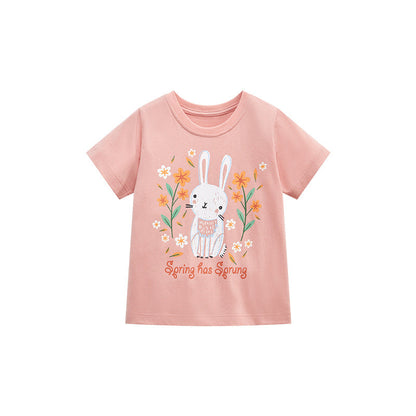 Girls' Short Sleeve T-Shirt with Round Neck and Cute Rabbit