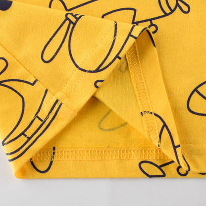 Yellow Cloud and Airplane Motif Crew Neck Short Sleeve T-Shirt