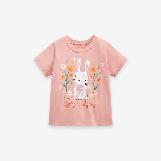 Girls' Short Sleeve T-Shirt with Round Neck and Cute Rabbit